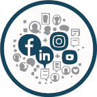 Group of social media icons, including Facebook, Instagram, LinkedIn, YouTube, and Chat icons, arranged in a circular pattern.