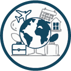 A globe surrounded by icons of travel and lifestyle, including an airplane, calendar, house, suitcase, and briefcase.