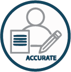 A circular badge with a gold outline, featuring an icon of a person, a document, and a pencil. The word 'ACCURATE' is written at the bottom.