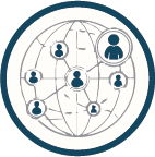 A globe with interconnected nodes representing a global network of people.