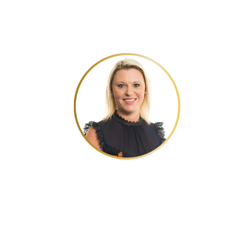 A woman with blonde hair wearing a black lace top, smiling, with a yellow and white background and a circular frame around her face.