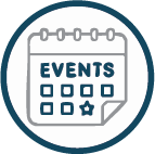 Icon of a calendar with the word 'Events' on it, featuring checkboxes and a star.
