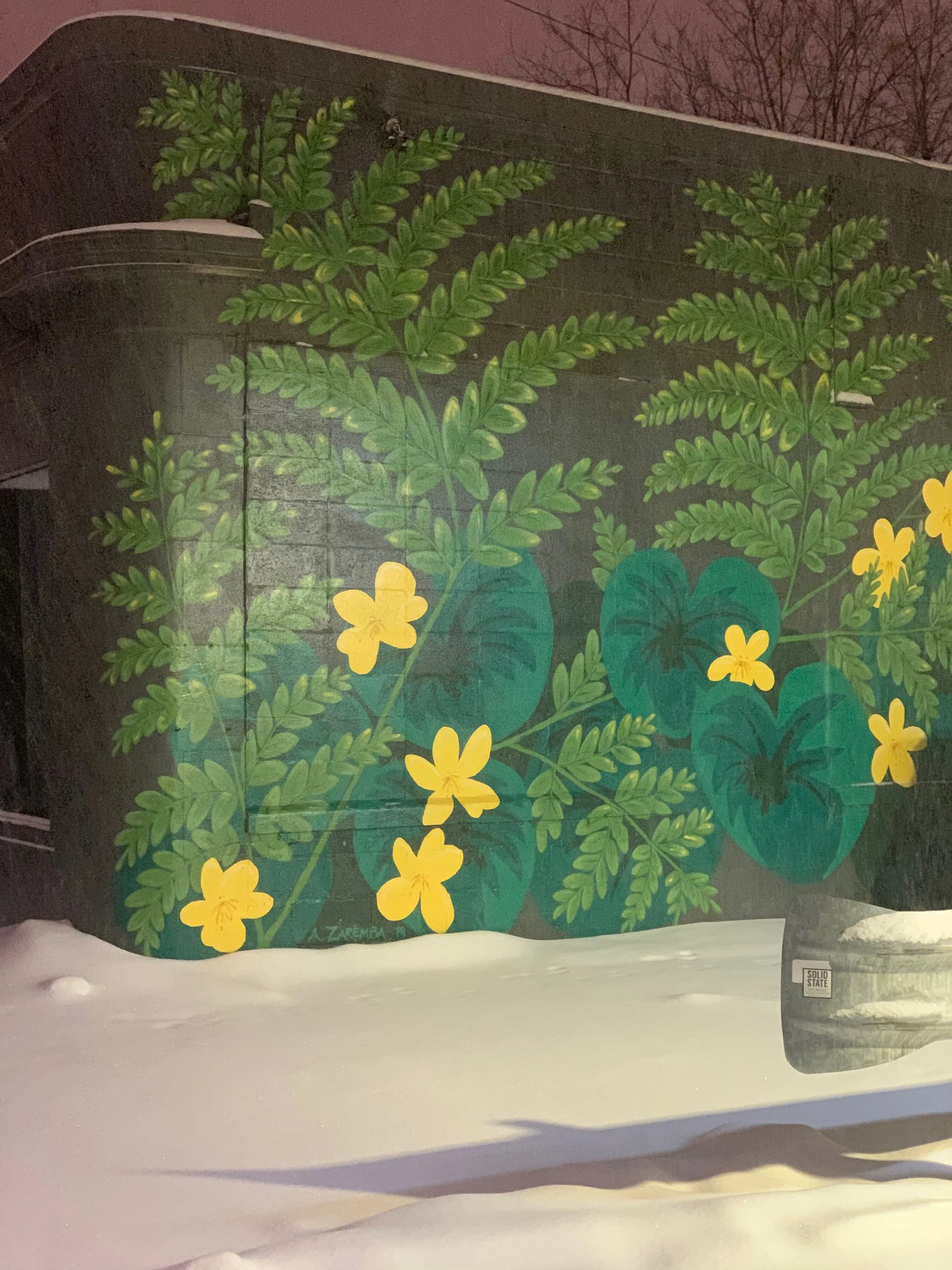 Mural of green fern and yellow flowers on the side of a building, with snow covering the ground in front.