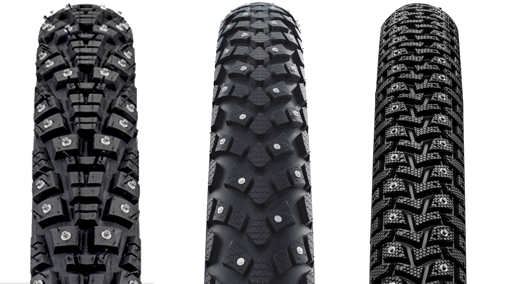 Bilder von drei unterschiedlichen Gravel-Reifen, die nebeneinander auf schwarzem Hintergrund dargestellt sind.