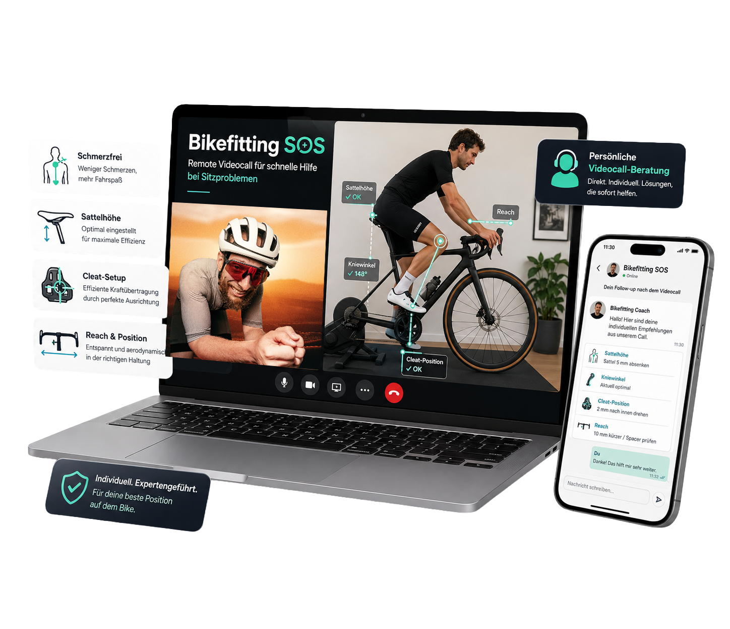 Laptop und Smartphone zeigen eine Telemedizin-Software fürs Bikefitting, mit Anleitungen für Sitzhöhe, Kniewinkel, Cleat-Position und Reichweite, inklusive Videoanruf und Beratung. Patrick Zasada
