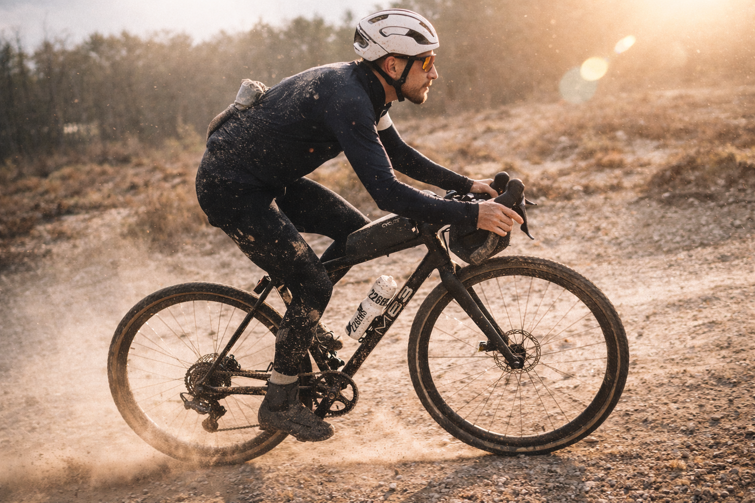Gravelbiker trägt Helm und Sonnenbrille, fährt auf staubigem, unbefestigtem Weg bei Sonnenuntergang.