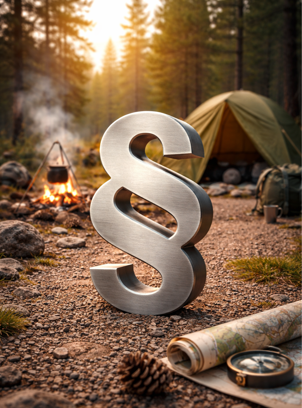 Ein großer, silberner Paragraphenzeichen vor einem Zelt in einem Wald bei Sonnenuntergang, mit einem Lagerfeuer, einer Karte und einer Kompass auf dem Boden.