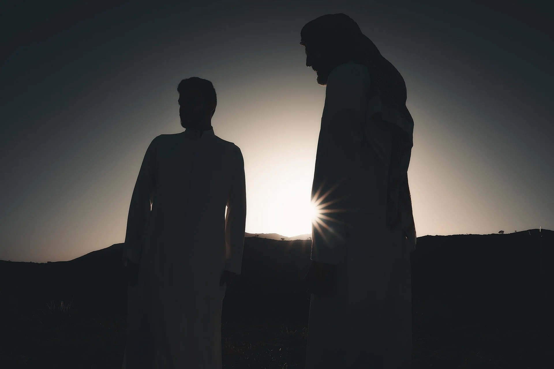 Due uomini stilizzati di fronte, che osservano l'orizzonte al tramonto o all'alba, con il sole che splende dietro di loro in un paesaggio arido o montuoso.