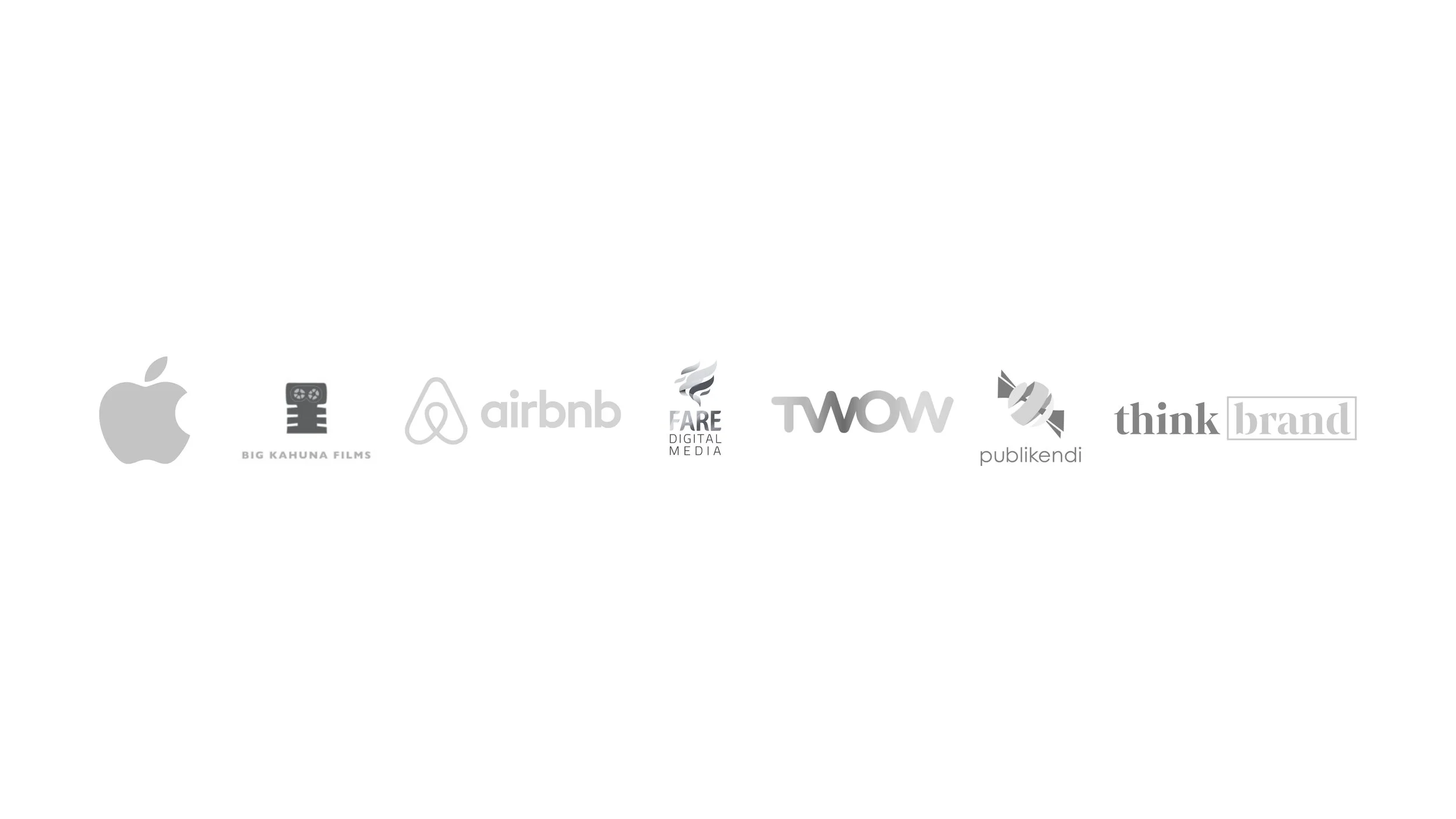 Loghi di aziende tra cui Apple, Big Kahuna Films, Airbnb, Fare Digital Media, TWOW, Publikendi e Think Brand.