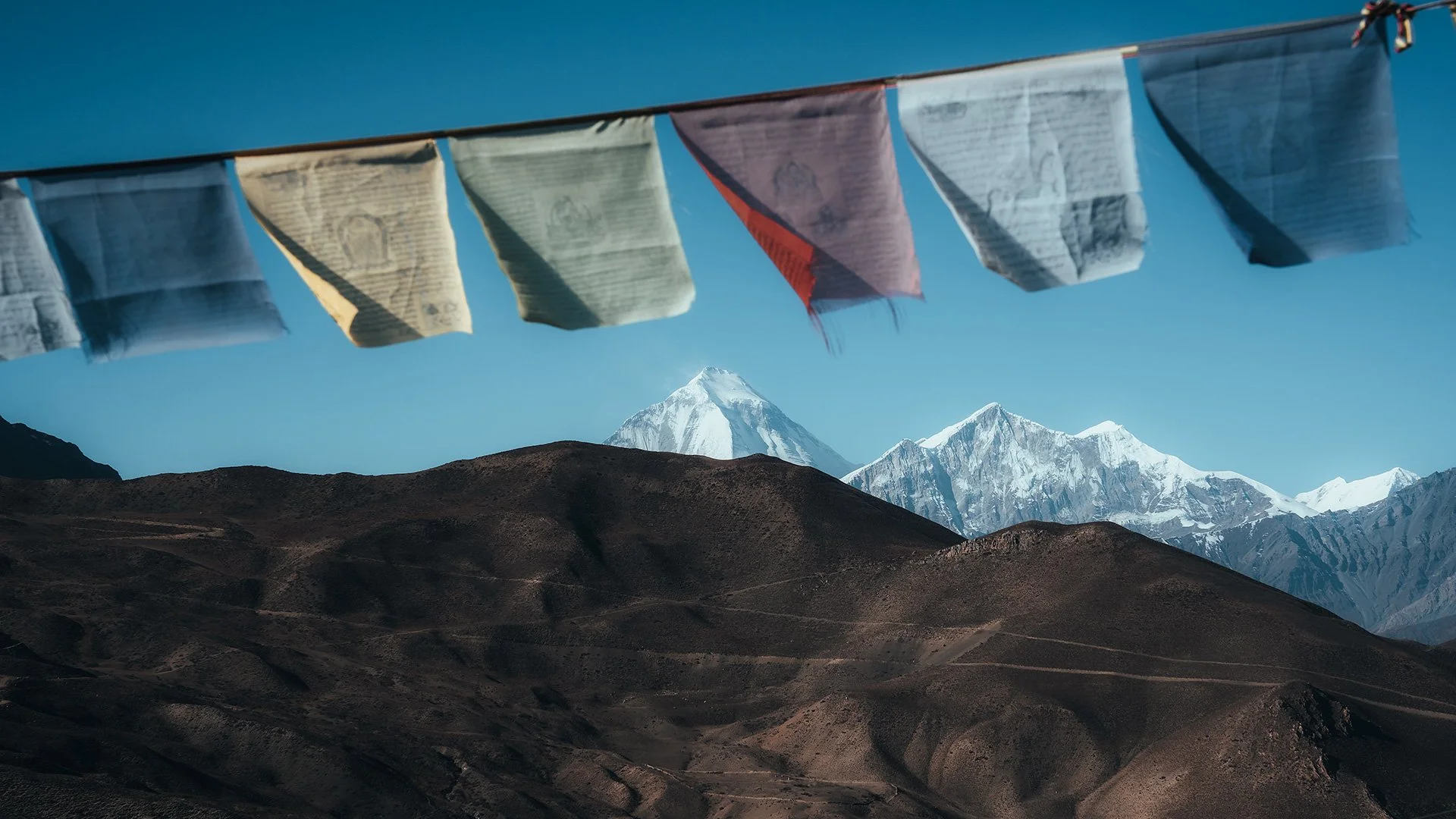 Strisce di preghiera tibetane svolazzanti, con montagne di neve e cime innevate sullo sfondo sotto un cielo blu