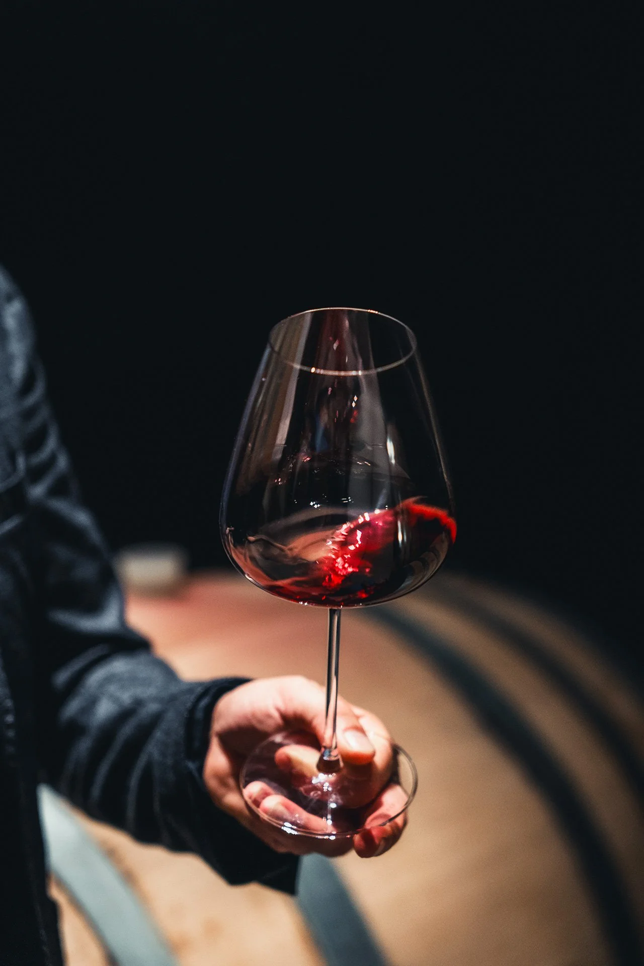 Una mano tiene un bicchiere di vino rosso. Sullo sfondo, una persona indossa una felpa nera con un motivo a righe e la scena sembra ambientata in un locale con illuminazione scura.