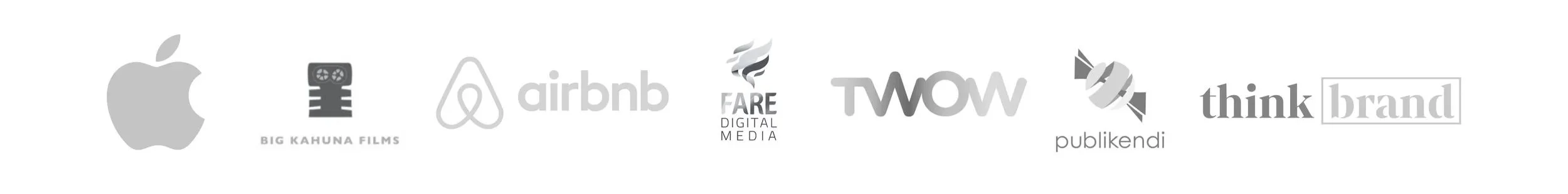 Selezione di loghi di diverse aziende e marchi, tra cui Apple, Big Kahuna Films, Airbnb, FARE Digital Media, TWOW, publikendi, think brand.