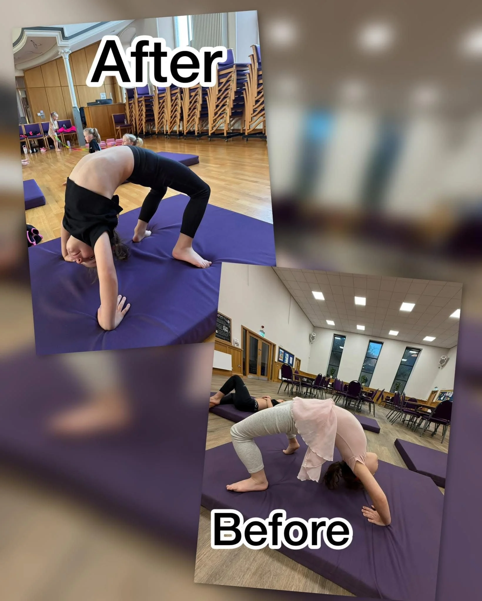 Comparison of two images showing children doing backbend yoga poses on purple mats, labeled 'Before' and 'After.'