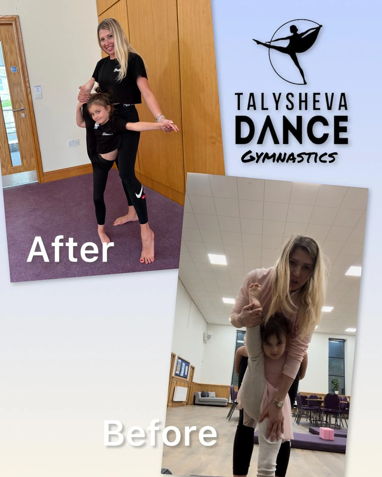 Comparison of a young girl in a gymnastics pose with an adult woman before and after a training session at Talysheva Dance & Gymnastics, showing improvements in flexibility and strength.