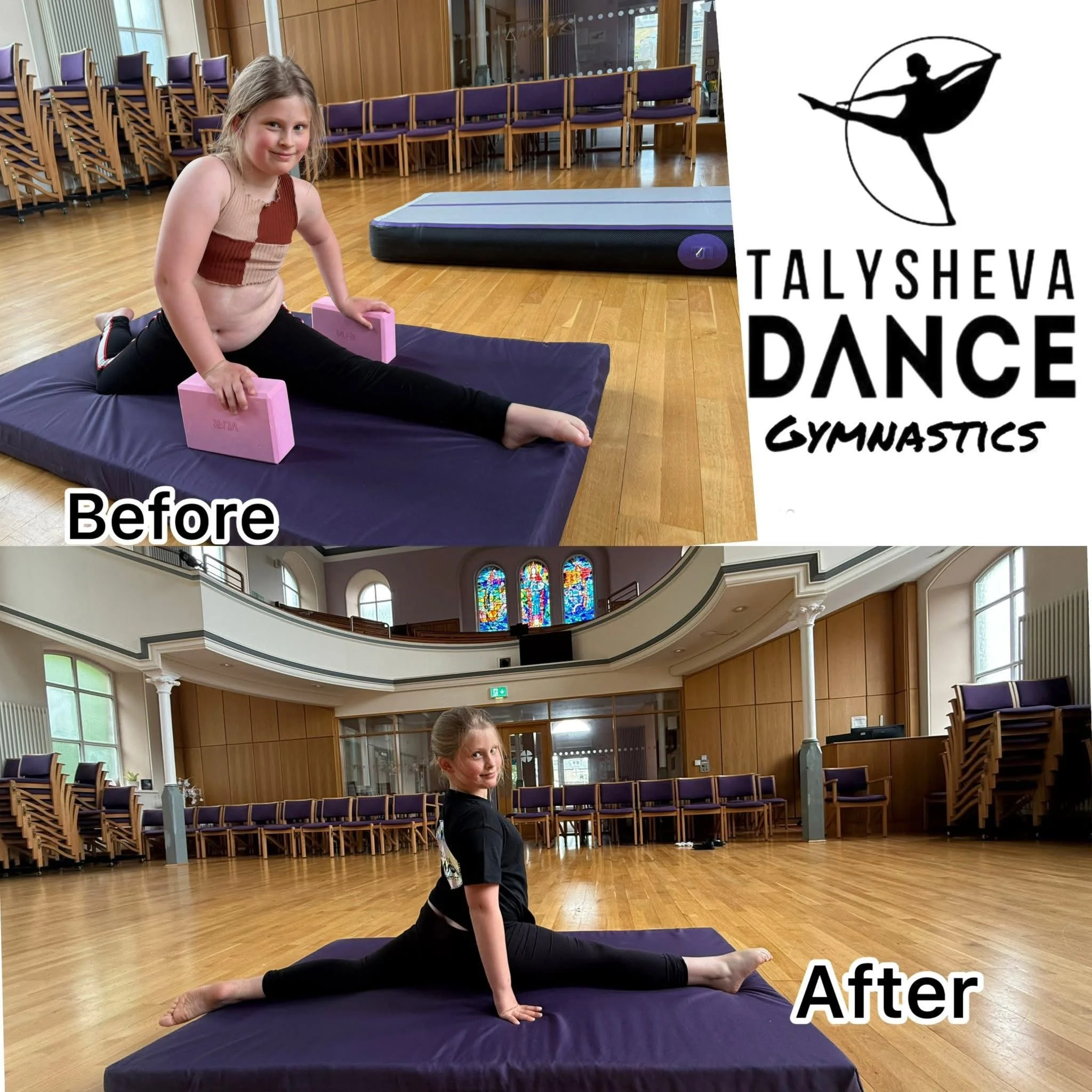 Side-by-side comparison of a young girl in a gymnasium before and after practicing splits on a mat. In the 'Before' image, she is kneeling on the mat with her legs extended and holding two pink blocks, with a logo and the text 'TALYSHEVA DANCE GYMNAS