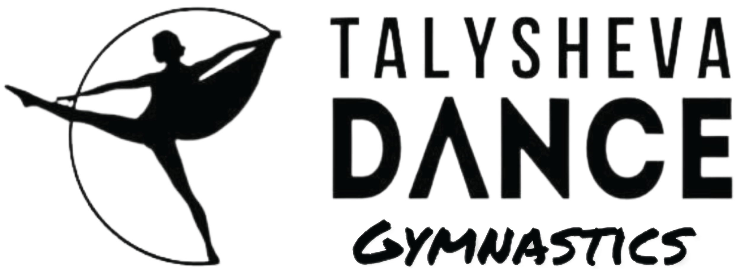 A logo featuring a silhouette of a gymnast in a pose, holding a ribbon, with the text 'TALYSHEVA DANCE GYMNASTICS' next to the figure.