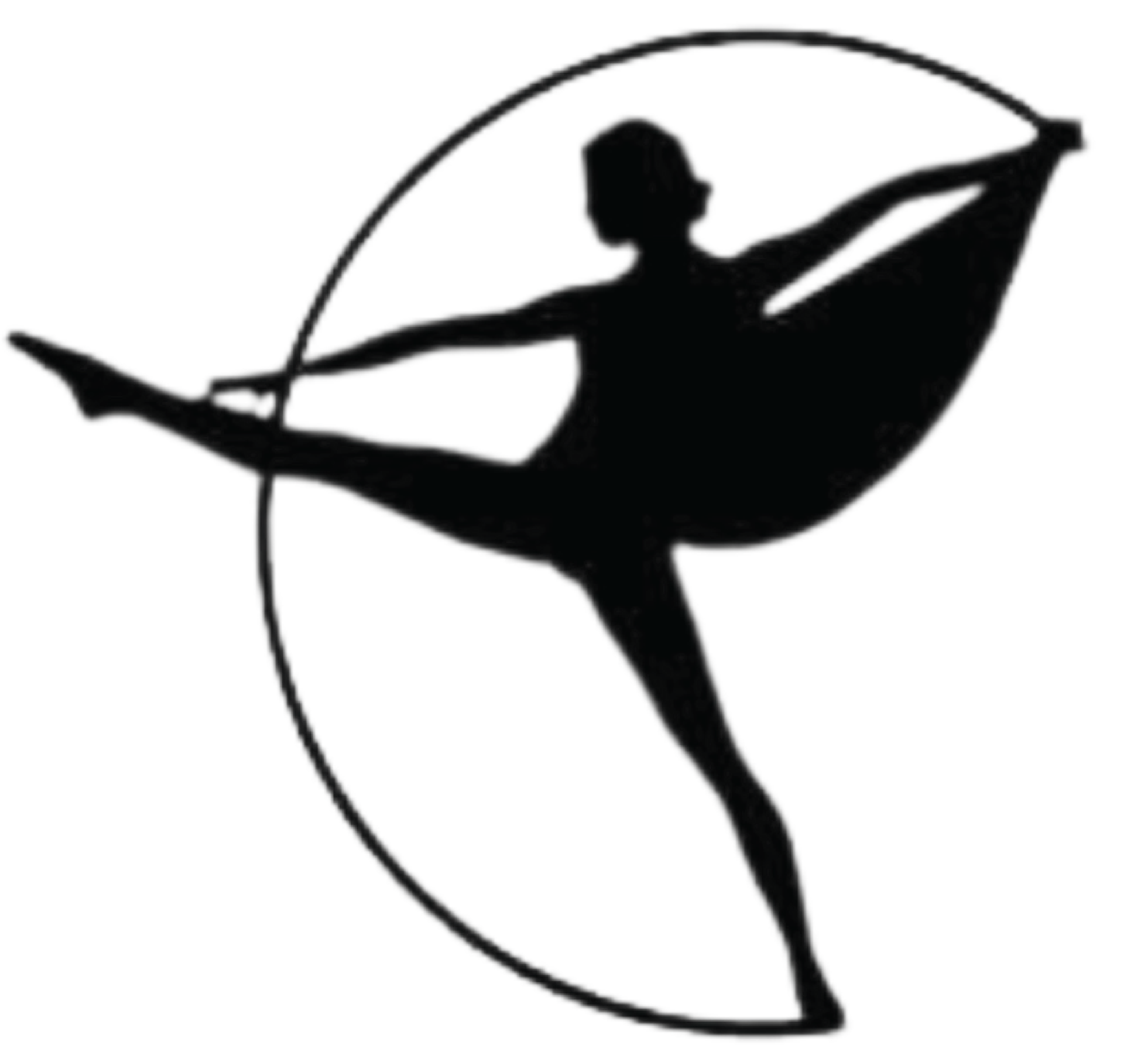 A black silhouette of a ballerina performing a dance move inside a circle.