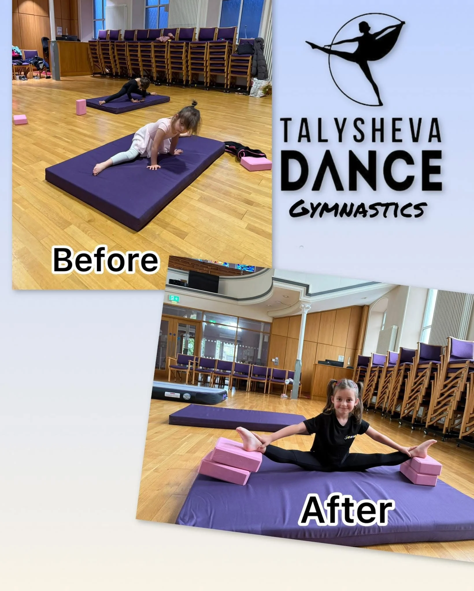 Two young girls demonstrate flexibility exercises on mats in a dance gymnasium, showing a before and after improvement in split stretching with the Talysheva Dance Gymnastics logo visible.