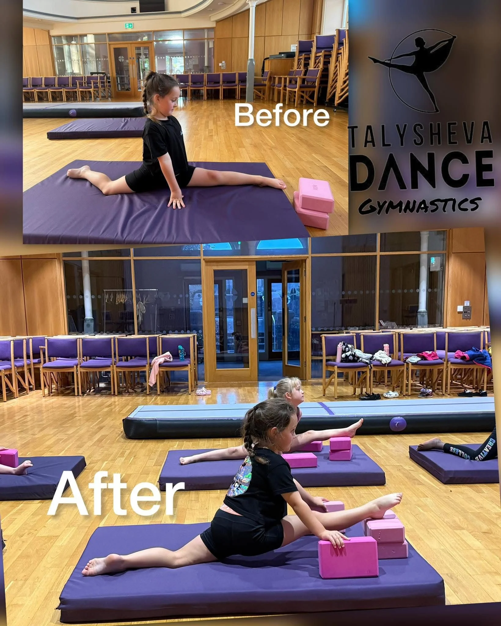 A young girl practicing gymnastics splits on a mat with pink blocks and a purple ball before and after a stretching session at Talysheva Dance Gymnastics studio, which is visible in the background.