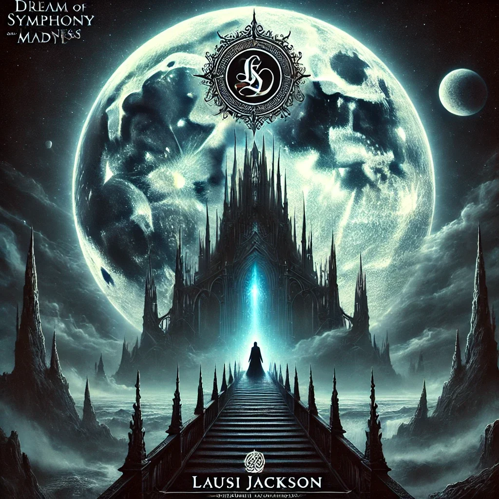 A gothic castle beneath a skull-marked moon, a lone figure crossing the bridge