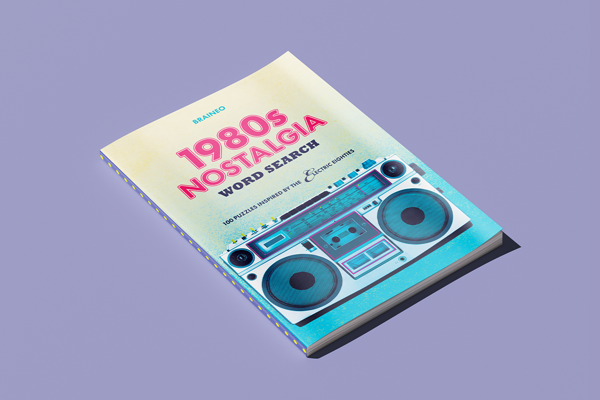 1980s Nostalgia Word Search book by Braineo with a boombox cover design