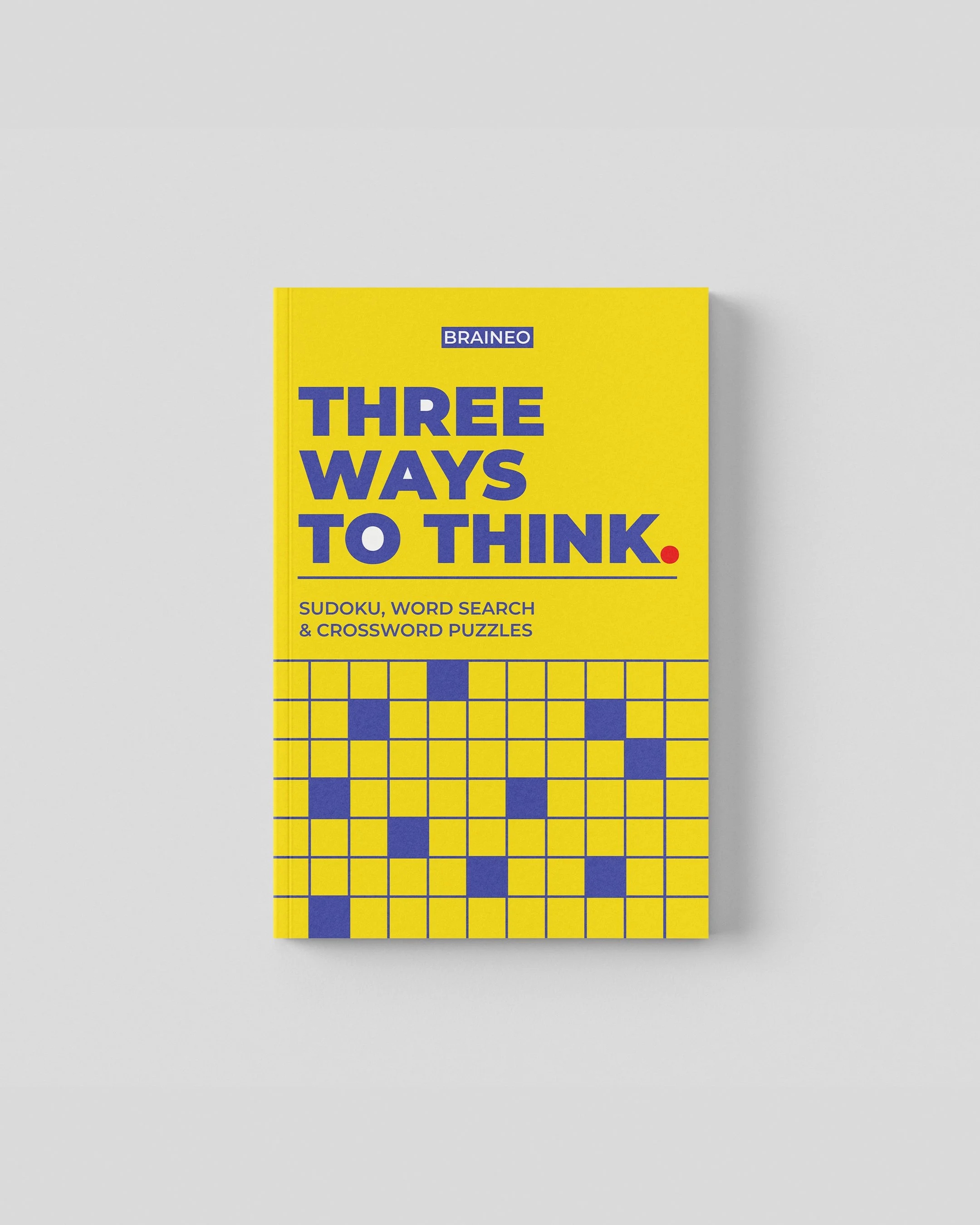 Yellow full-color paperback cover of Three Ways To Think, a mixed puzzle book featuring normal Sudoku, easy themed word searches, and easy crosswords for adults and seniors.