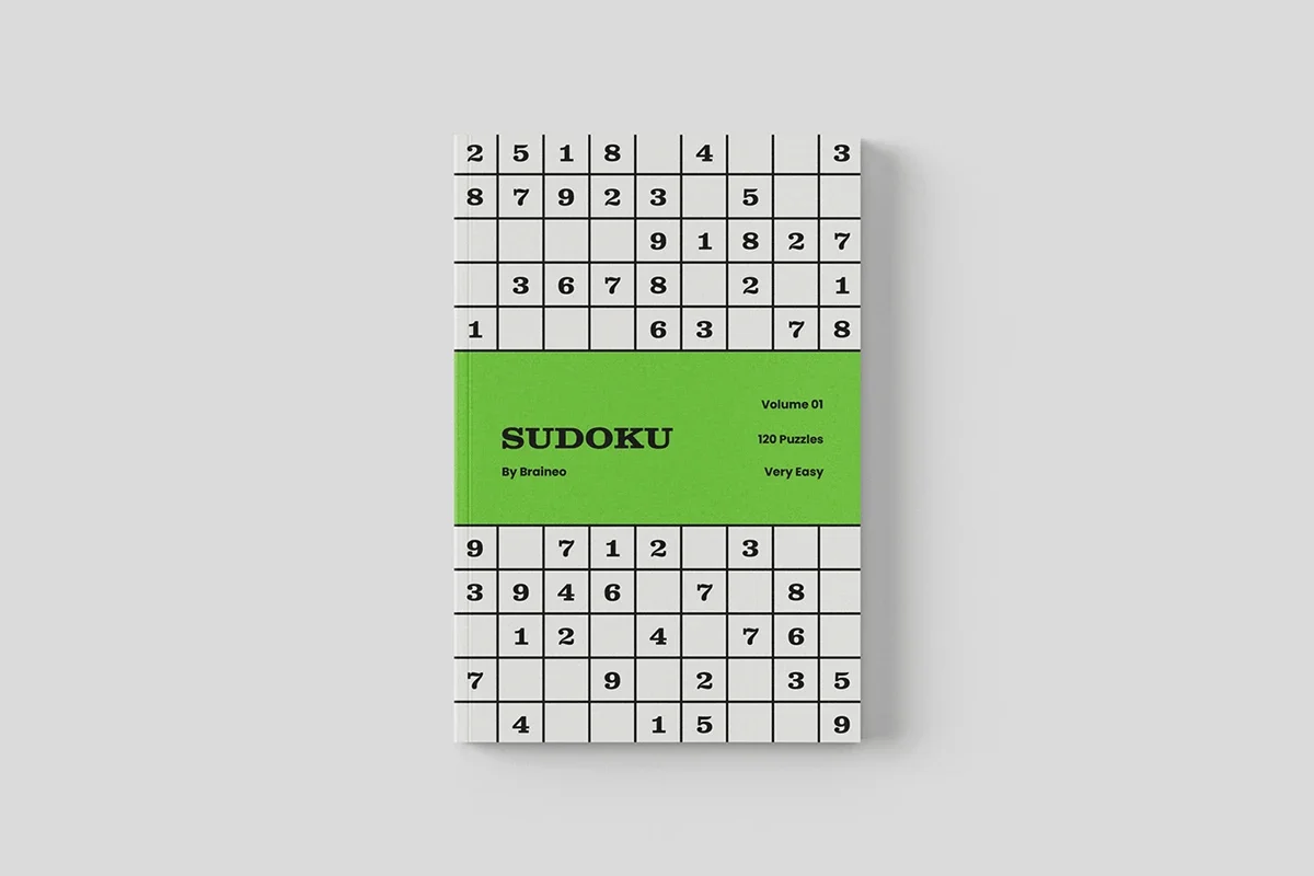 Cover of Braineo Sudoku Skill Builder Volume 01, Very Easy level, featuring a green band and sample Sudoku grids.