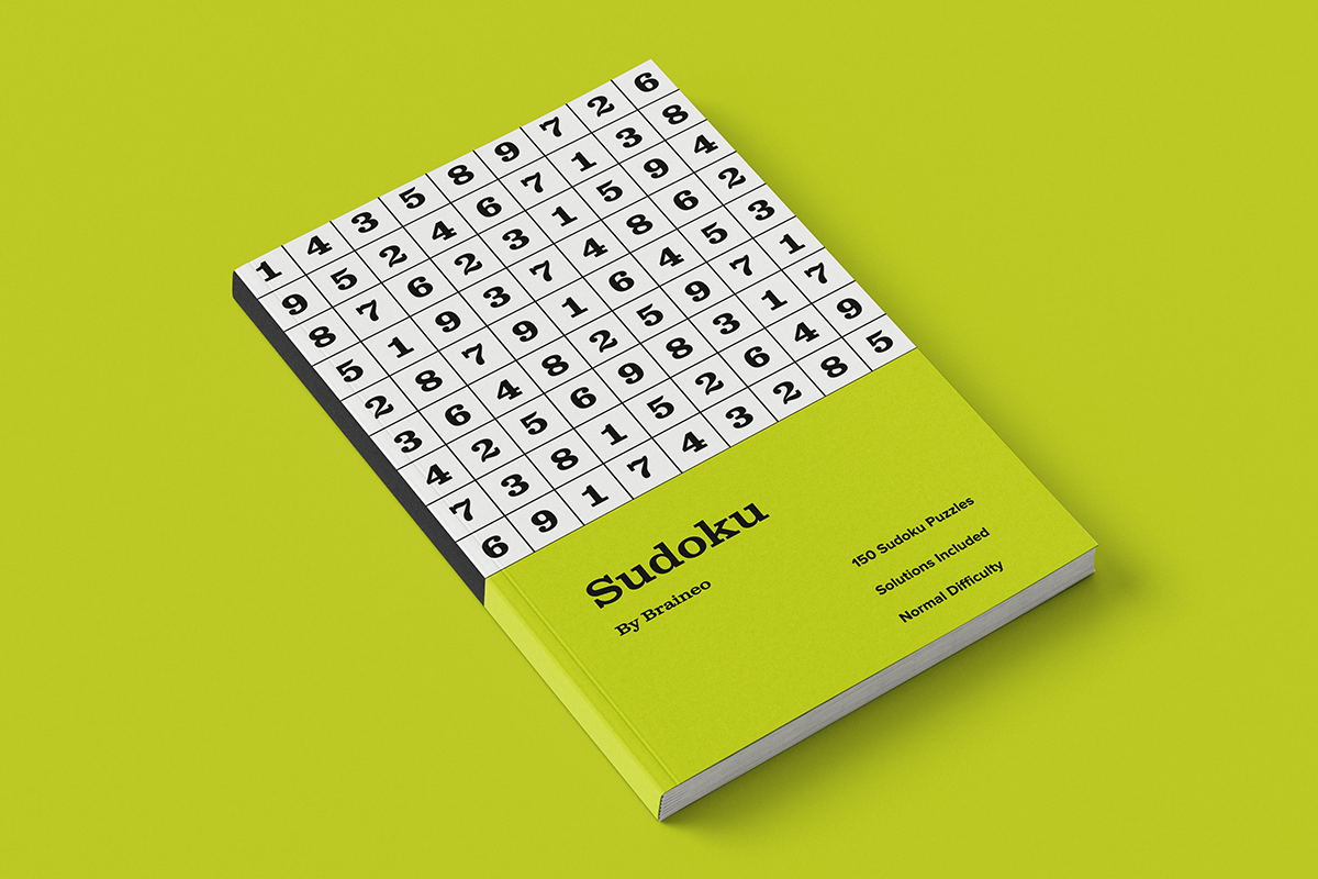 Angled Sudoku puzzle book by Braineo on a bright green background