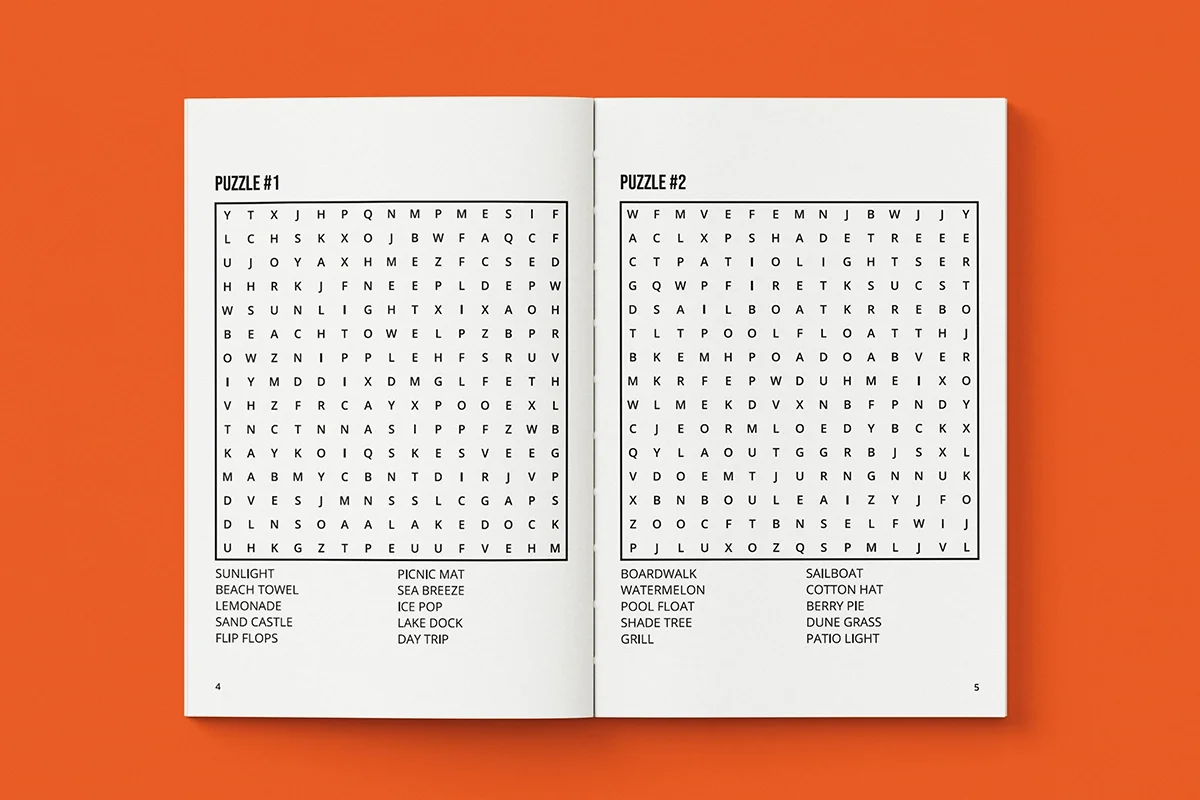 Open Summer Word Search paperback showing two readable word search puzzle pages on an orange background