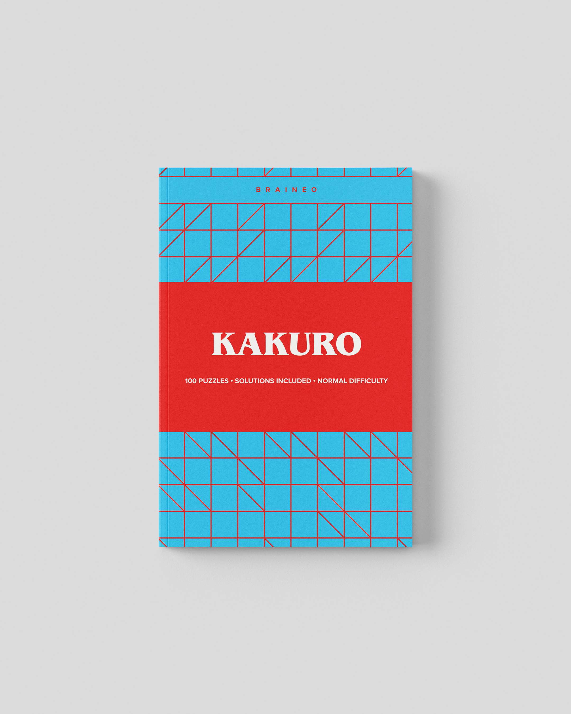Normal difficulty Kakuro puzzle book cover with cyan and red geometric grid design, 5 x 8 inches, 100 puzzles with solutions included.