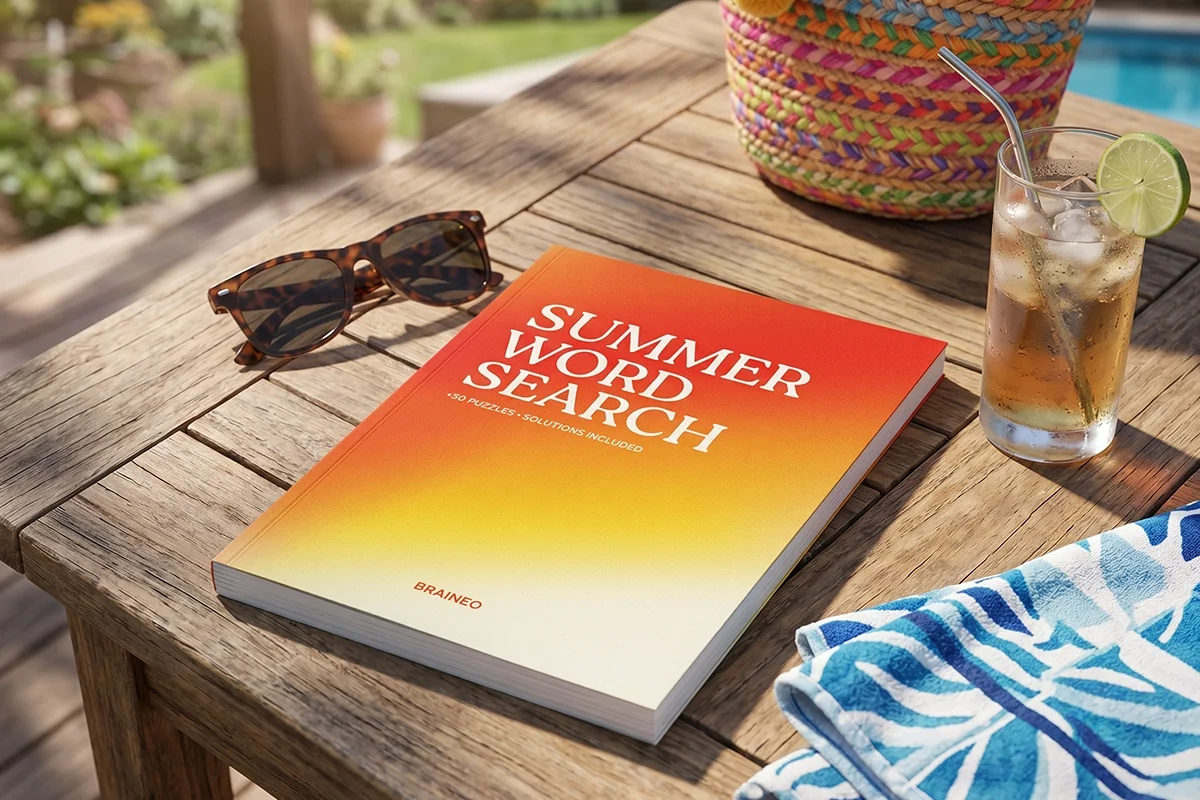 Summer Word Search paperback on an outdoor table with sunglasses, a cold drink, and summer accessories