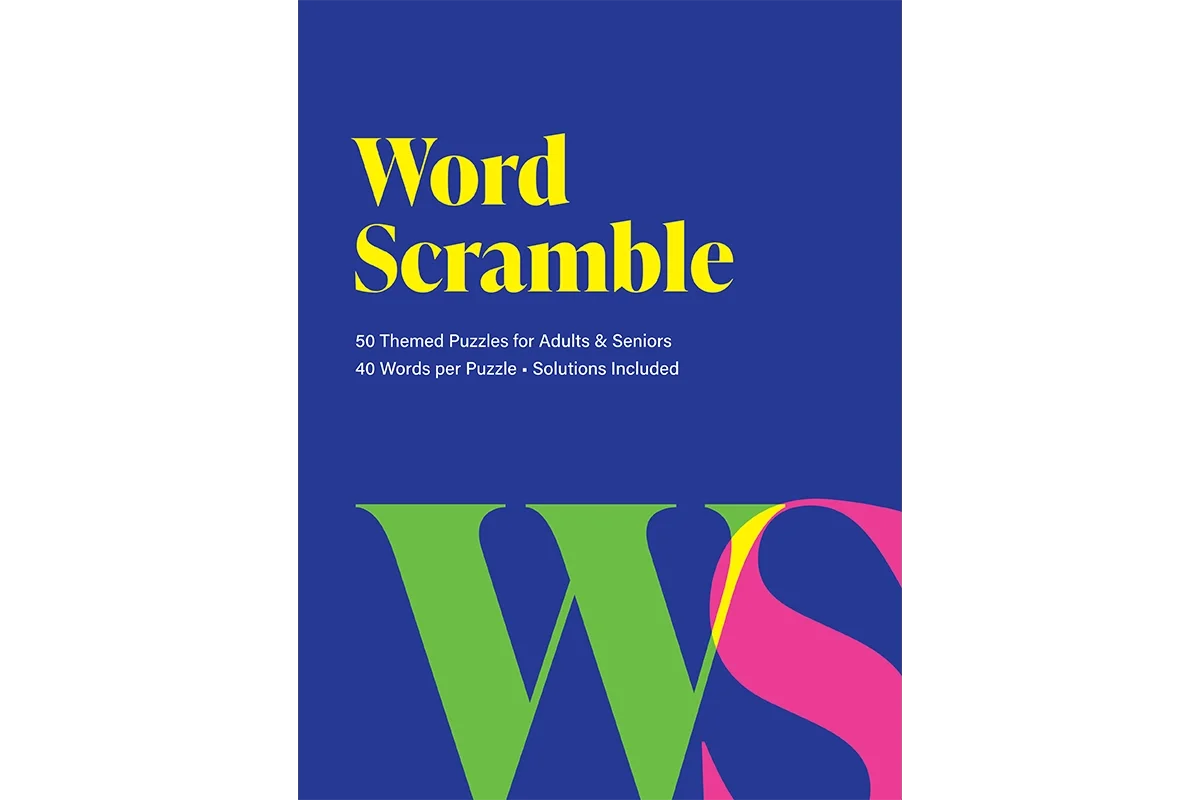 Printable cover for Braineo Word Scramble featuring a blue background with bold yellow title text and colorful oversized letterforms.