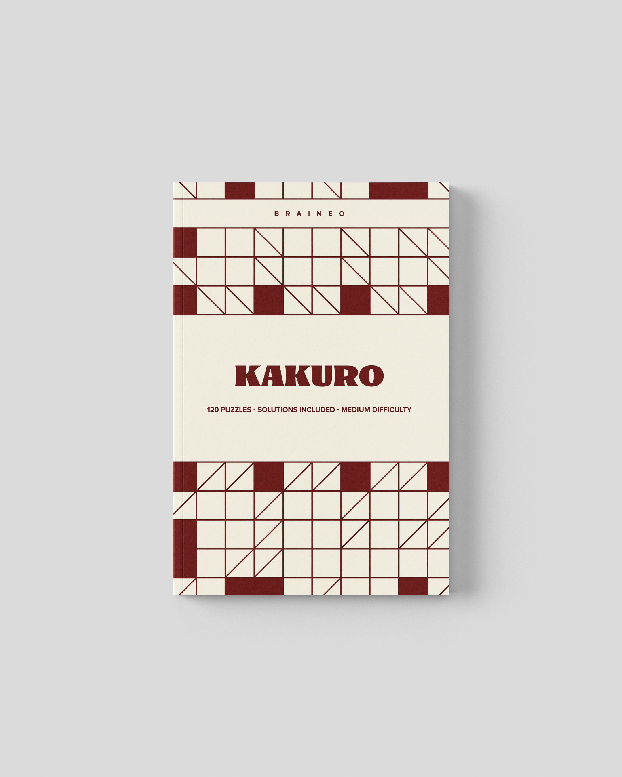 Kakuro puzzle book cover with red and cream geometric grid design, 120 medium difficulty puzzles, 6 x 9 inch portable format, solutions included, designed for adults and seniors
