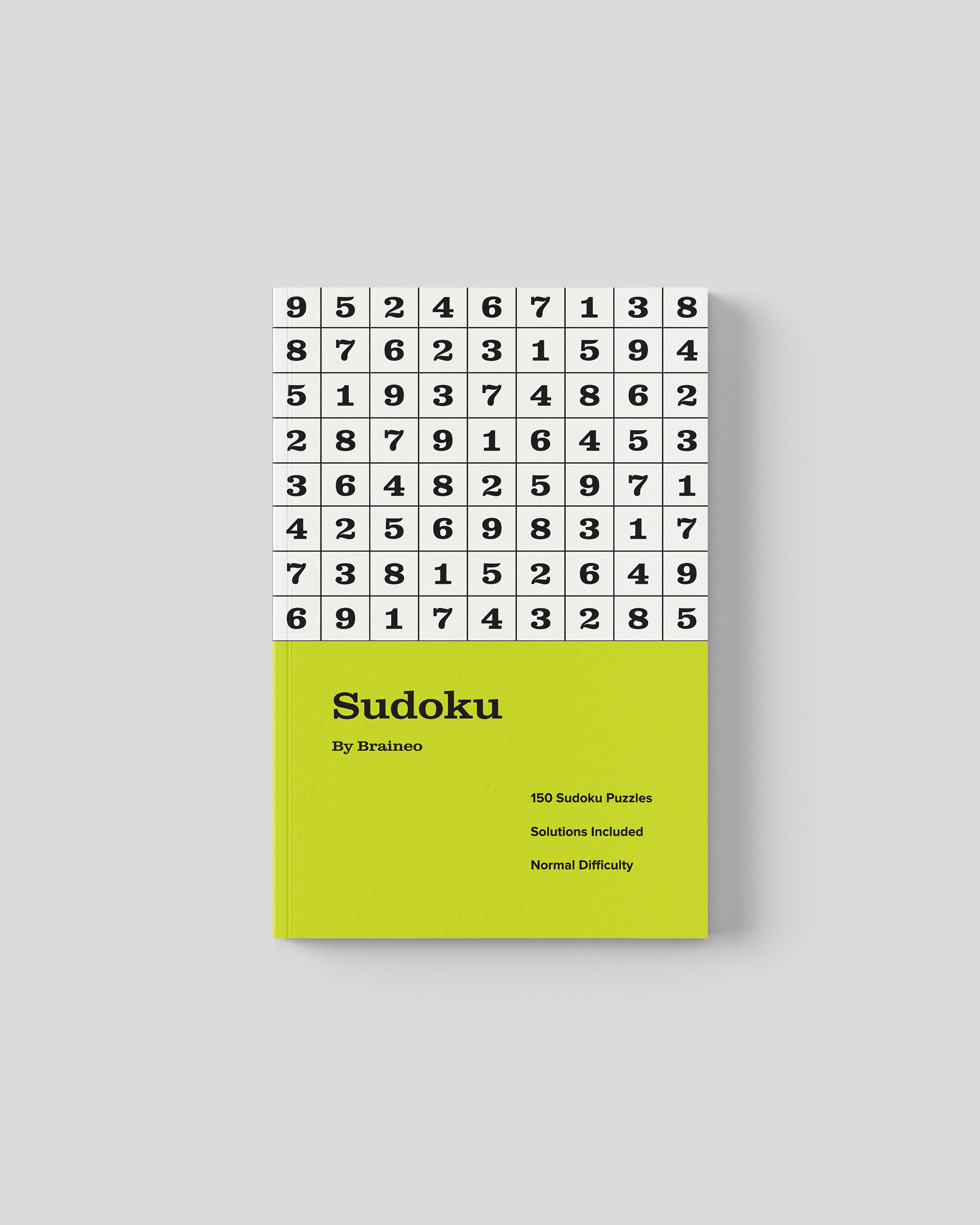 Normal difficulty travel sized sudoku puzzle book cover, lime green design, 5.25 x 8 inches with 150 puzzles and solutions included.