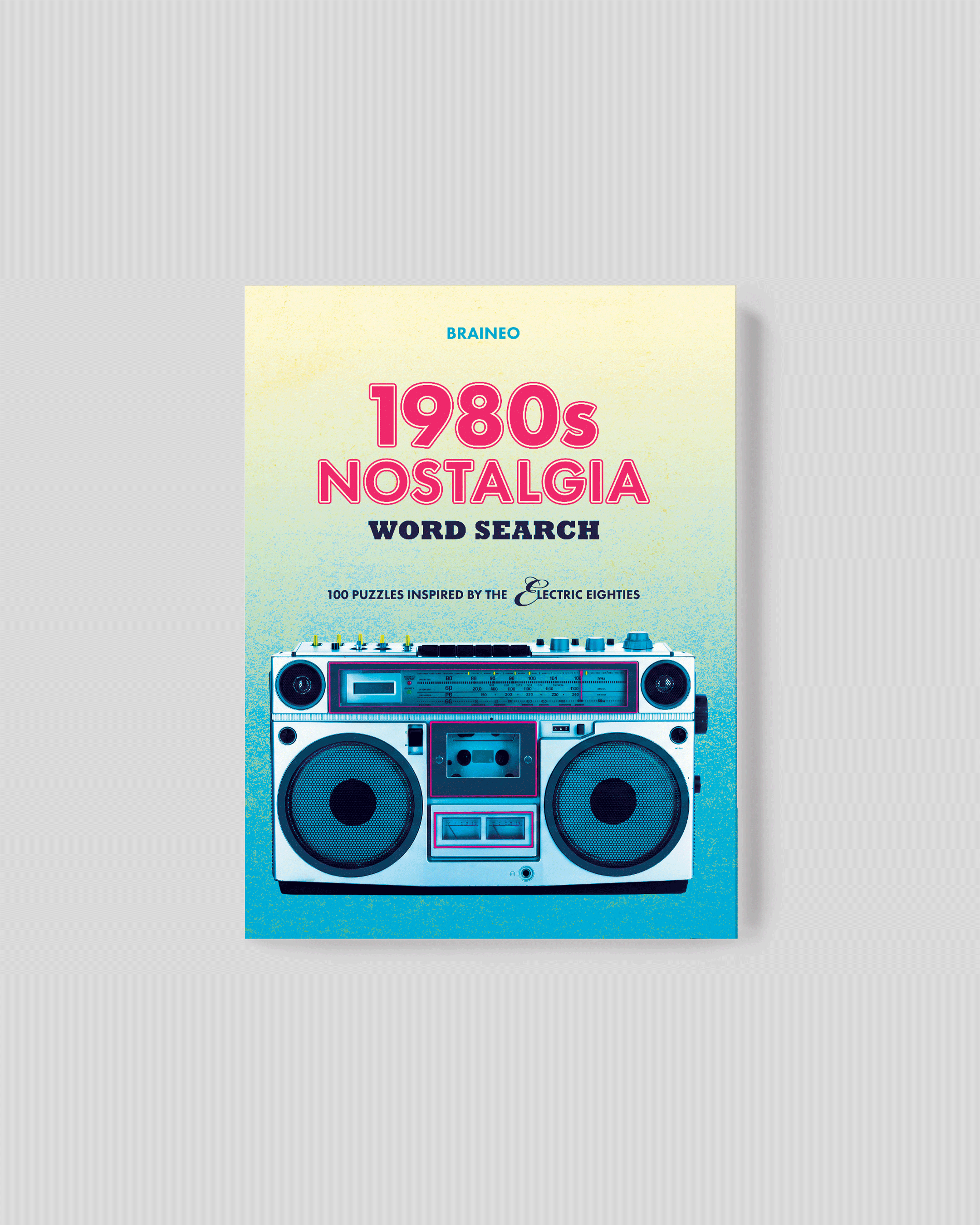1980s Nostalgia Word Search paperback book cover featuring a retro boombox, 100 themed word search puzzles, and standard-difficulty 1980s-inspired activities.