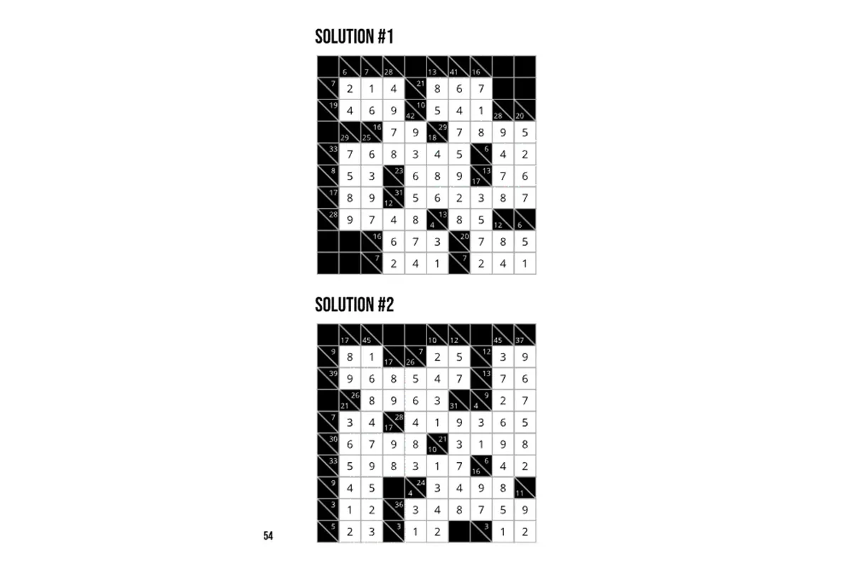 Solutions page from Braineo Kakuro Trilogy showing completed answers for Kakuro puzzles 1 and 2