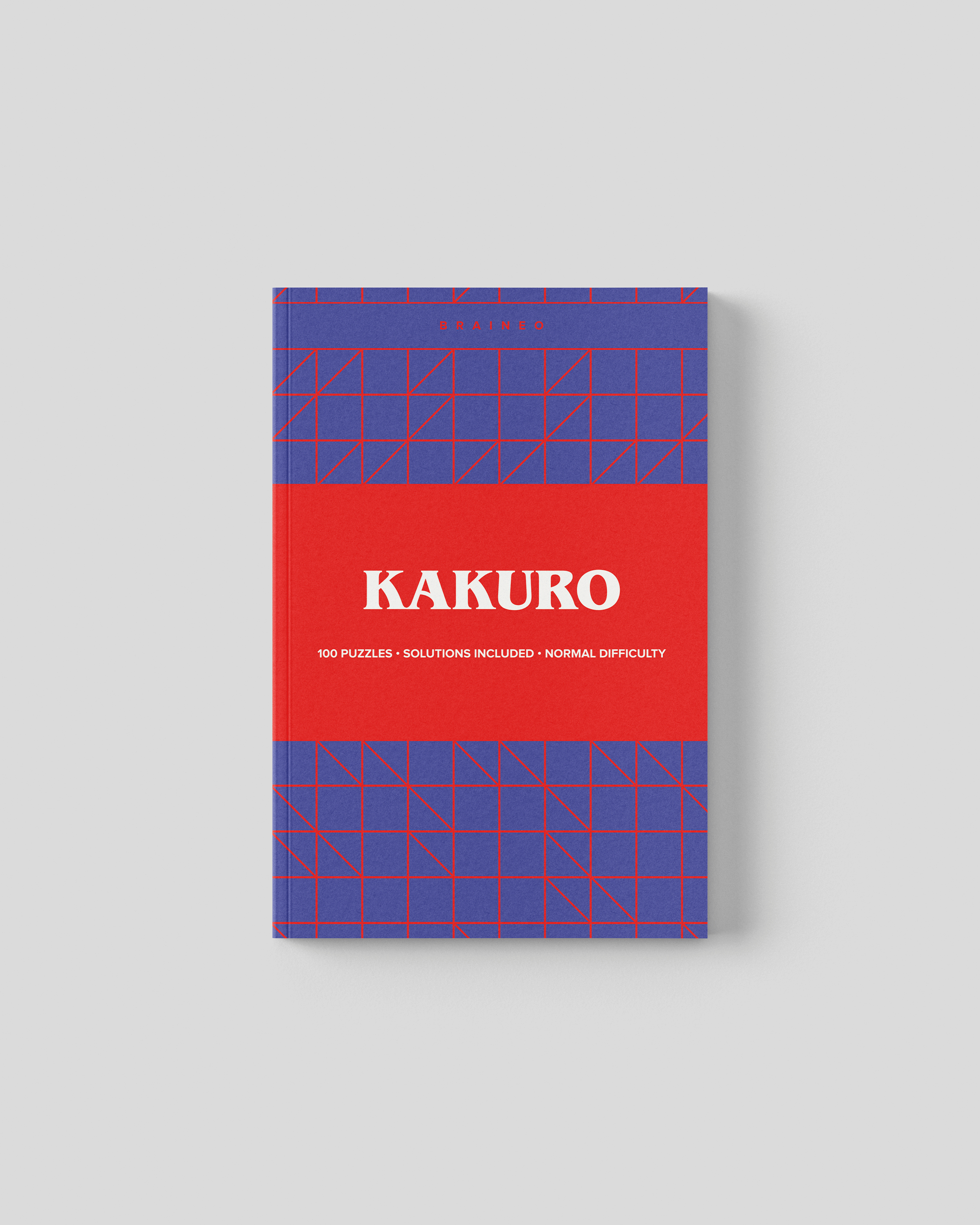 Normal difficulty Kakuro puzzle book cover with purple and red geometric grid design, 5 x 8 inches, 100 puzzles with solutions included.