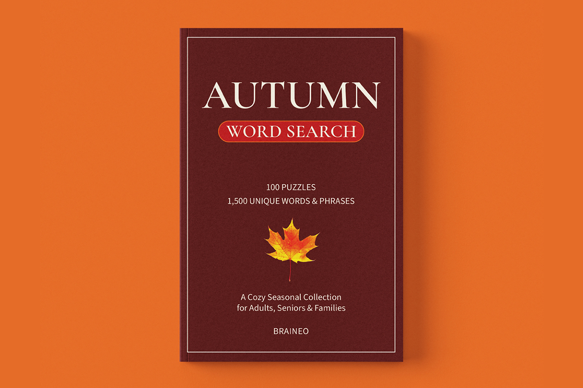 Autumn Word Search paperback by Braineo with a burgundy cover, autumn maple leaf illustration, and 100 themed word search puzzles.