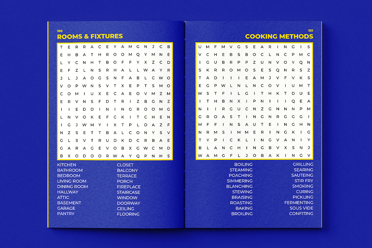 Open book showing Rooms and Fixtures and Cooking Methods word searches