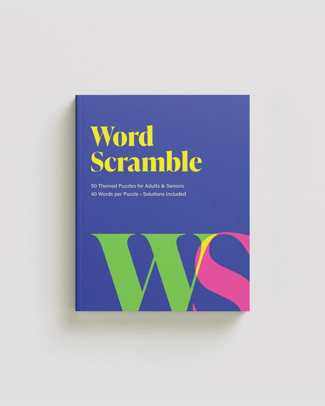 Braineo Word Scramble paperback cover with 50 themed word scramble puzzles for adults and seniors.