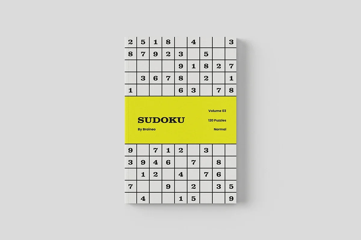 Cover of Braineo Sudoku Skill Builder Volume 03, Normal level, featuring a yellow band and sample Sudoku grids.