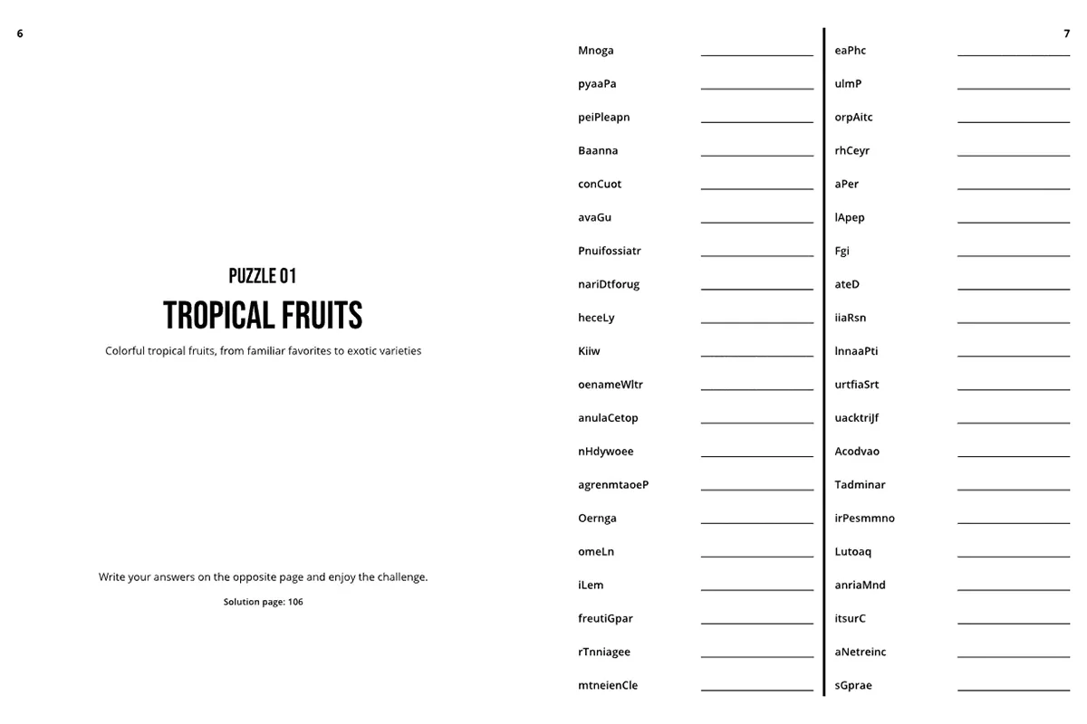 Interior spread from the Braineo Word Scramble book showing Puzzle 01, Tropical Fruits, with scrambled fruit words and answer lines.