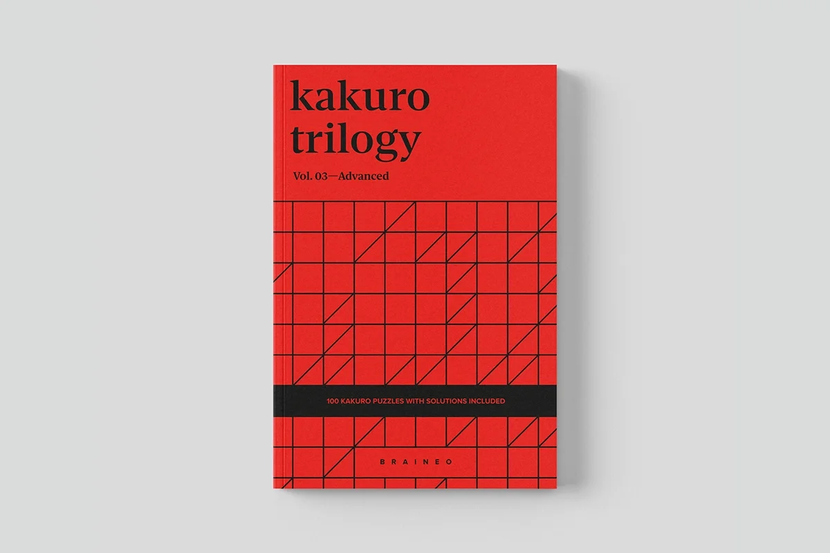 Kakuro Trilogy Vol. 03 Advanced by Braineo, red cover puzzle book with 100 Kakuro puzzles on 10x10 grids, 6x9 inches, solutions included.
