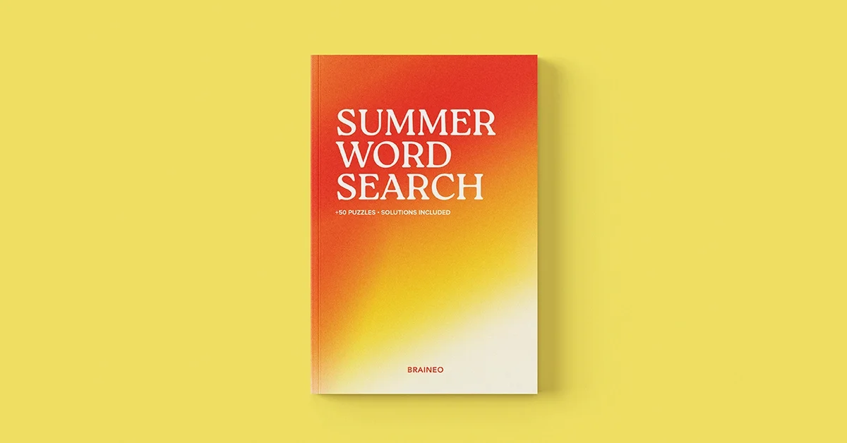 Summer Word Search paperback cover by Braineo on a clean yellow background