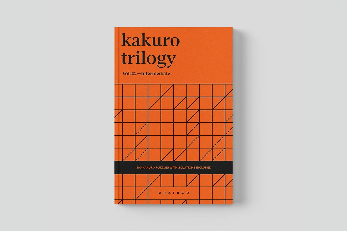 Kakuro Trilogy Vol. 02 Intermediate by Braineo, orange cover puzzle book with 100 Kakuro puzzles on 8x8 grids, 6x9 inches, solutions included.
