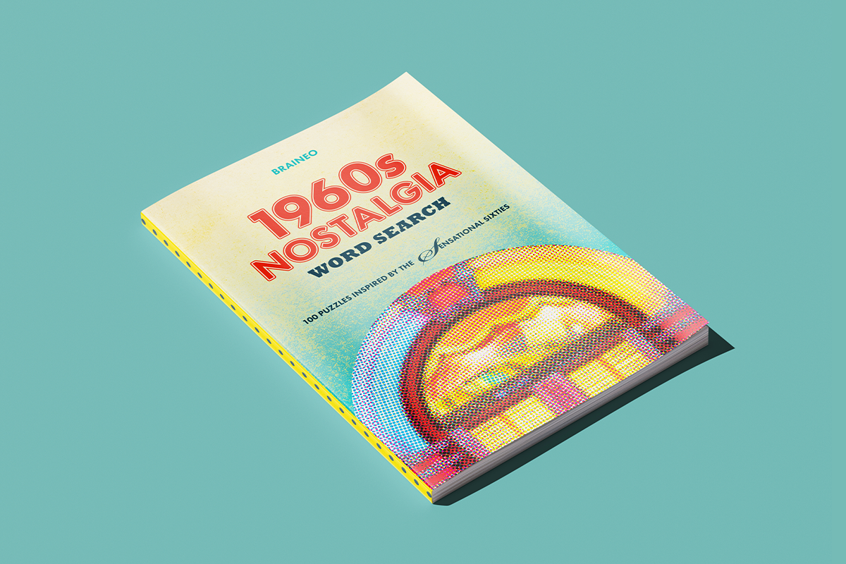1960s Nostalgia Word Search book by Braineo with a colorful jukebox-inspired cover design