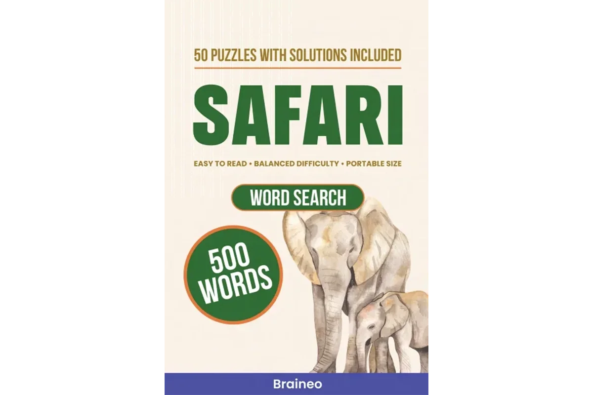 Braineo Safari Word Search printable book cover with illustrated elephants and 500 words