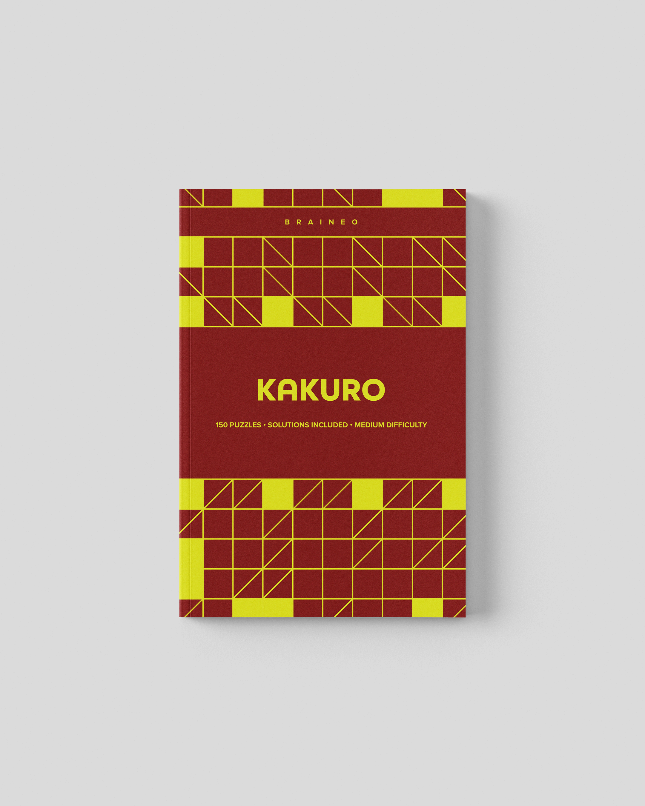 Kakuro puzzle book cover with red and yellow geometric grid design, 150 medium difficulty puzzles, 6 x 9 inch compact format, solutions included, designed for adults and seniors