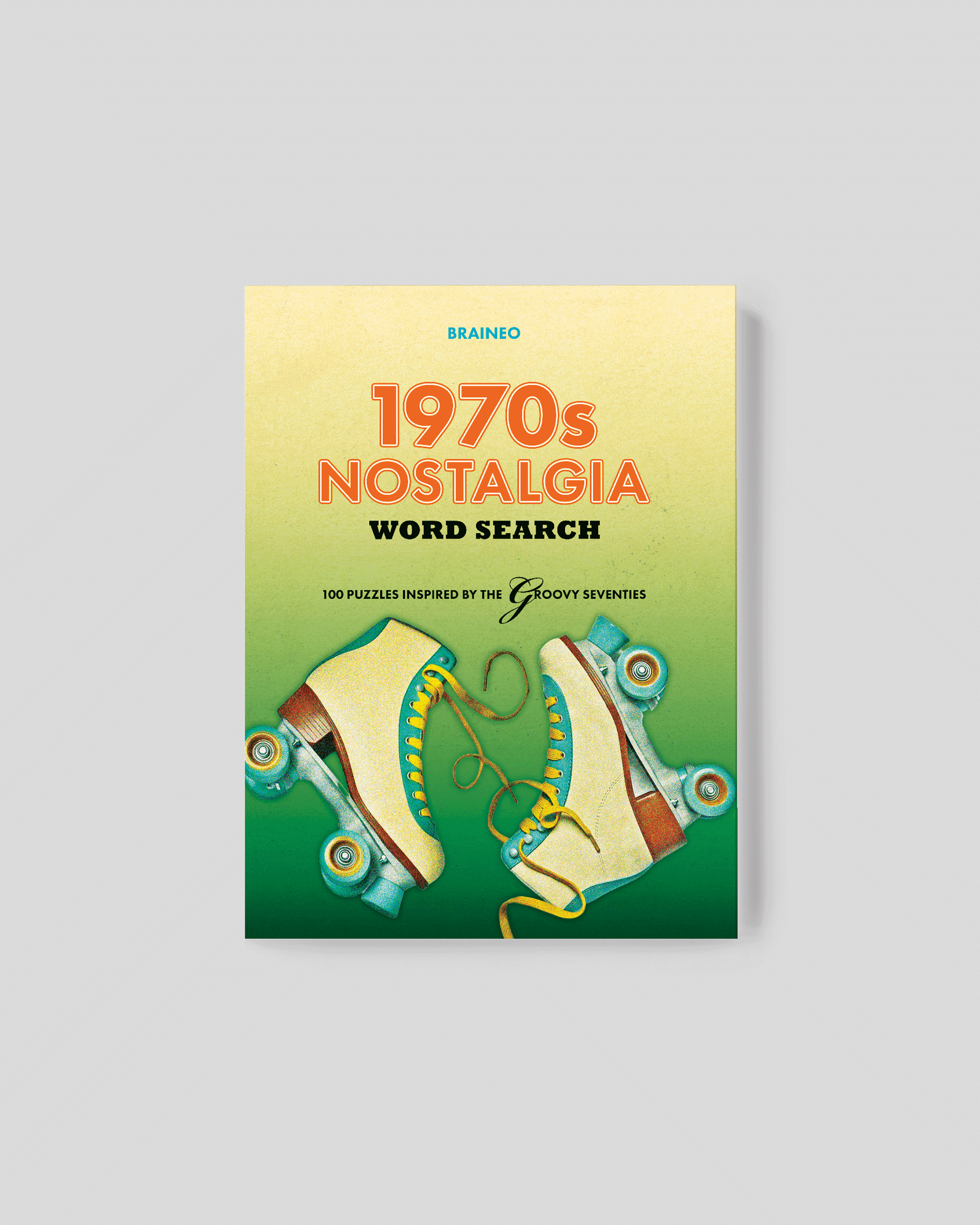 1970s Nostalgia Word Search paperback book cover featuring retro roller skates, 100 themed word search puzzles, and standard-difficulty 1970s-inspired activities.