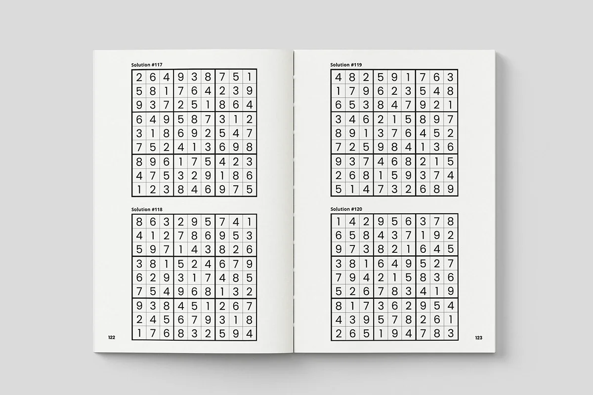 Sample solutions pages from the Braineo Sudoku Skill Builder series, displaying solved Sudoku grids.